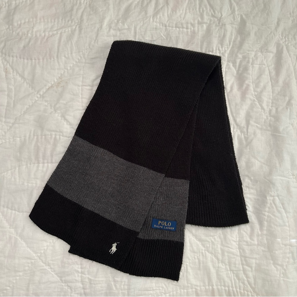 Polo Ralph Lauren Scarf Mens Rugby Stripe Black & Gray White Pony Wool Blend